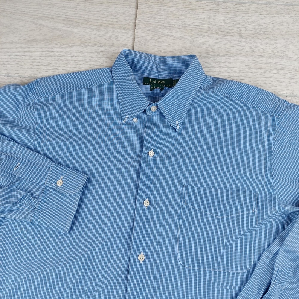 Lauren Ralph Lauren Button Down Shirt Mens 16 32/33 Blue Micro Check Long Sleeve